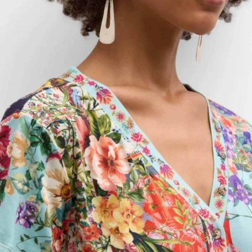 Johnny Was Floral V-Neck Top in Aqua Multi